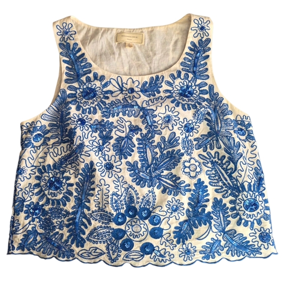 Moulinette Soeurs Tops - Anthropologie Moulinette Soeurs White Tank with Blue Floral Embroidery Size 2